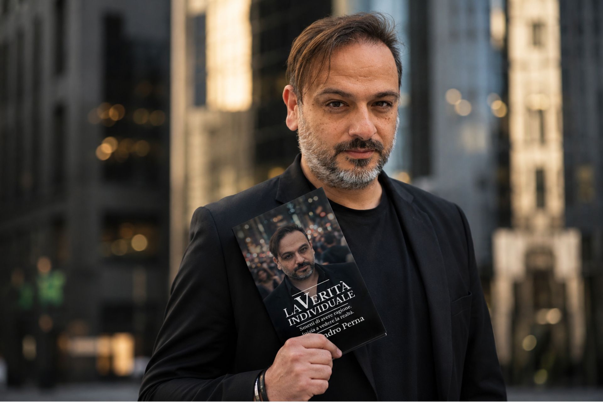 Alessandro Perna, autore del manuale La Verità Individuale, con il libro in mano